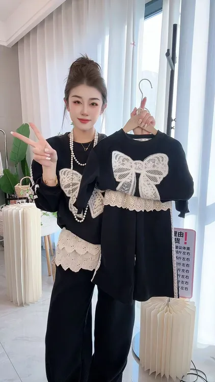 韩系亲子童装2025春款蝴蝶结卫衣卫裤两件套亲子套装潮蕾丝