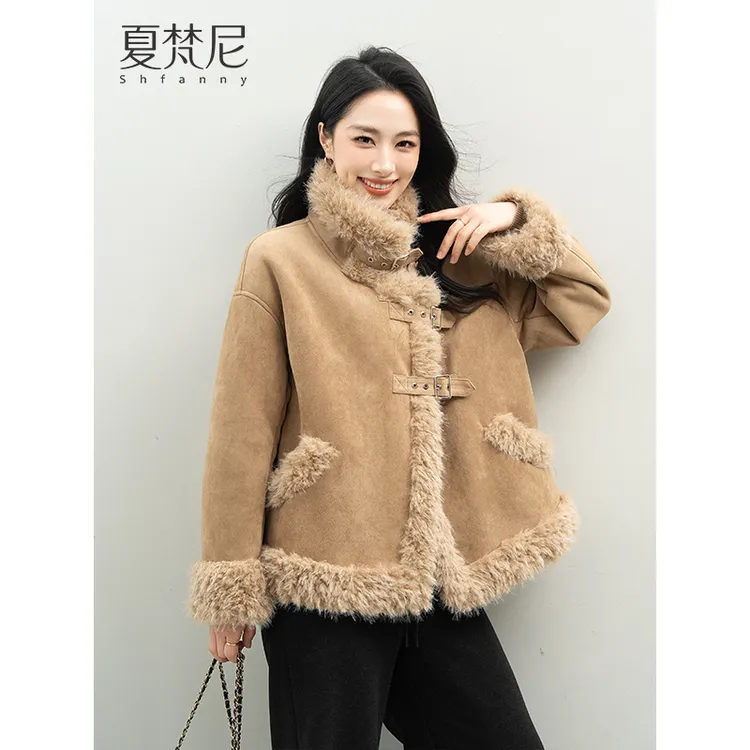 夏梵尼织织暖绒冬季仿皮毛一体外套翻领加绒加厚毛绒外套高级感女