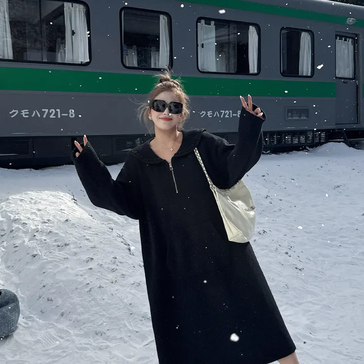 媛子大码娃娃领加厚针织裙冬季新款百搭慵懒风洋气气质连衣裙