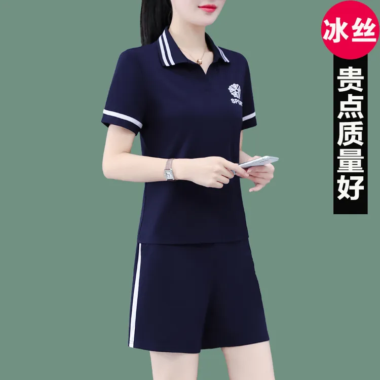 冰丝短袖t恤休闲短裤运动服套装女夏季时尚洋气减龄宽松两件套
