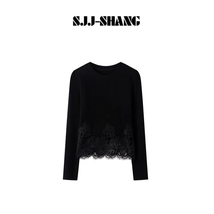 SJJ-SHANG【半熟少女】法式蕾丝拼接坑条显瘦高级感T恤q135901p