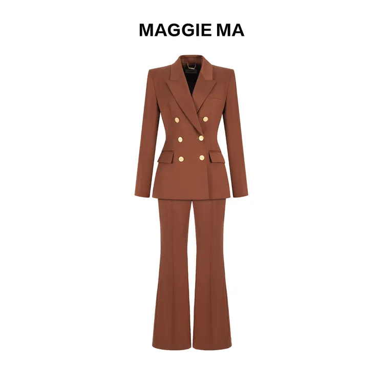MAGGIEMA马婧西装春秋季双排扣西装外套微喇裤套装女170C/171P