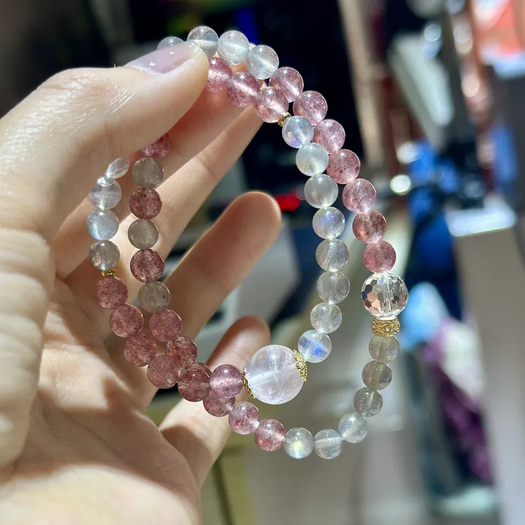 XiYue/天然 双圈草莓晶6mm搭配月光石粉水晶 原创手串