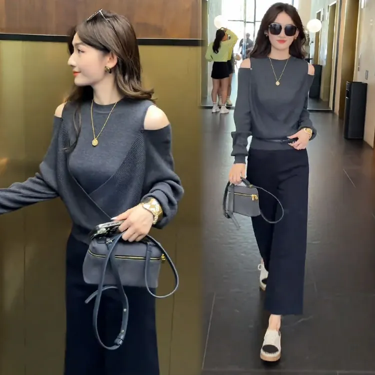 La babite秋季新款时髦洋气针织衫女设计感露肩气质毛衣打底上衣