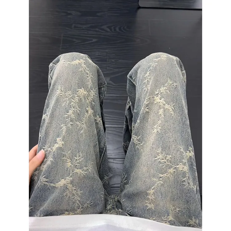 复古蓝荆棘提花牛仔裤男夏季薄款vibe裤子美式高街显腿长微喇叭裤