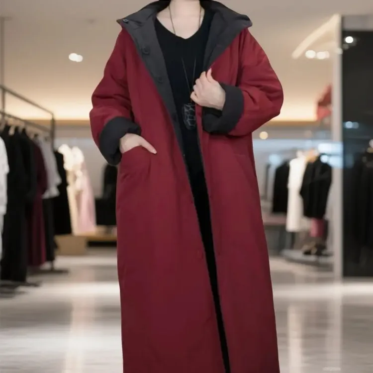 2025秋冬新款连帽长款双面双穿时尚休闲宽松保暖棉衣