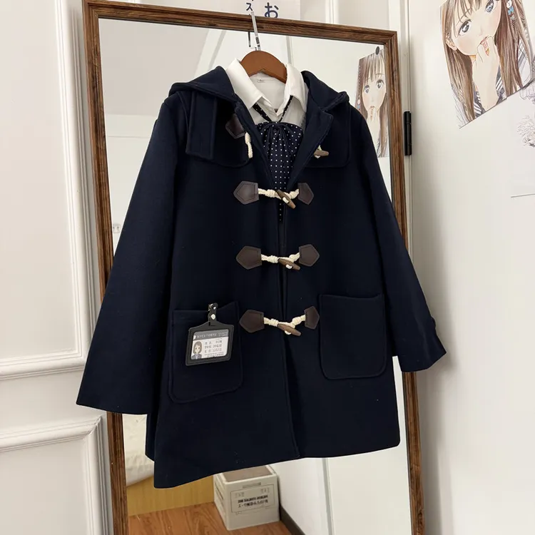 北岛鲸堂藏青色学院风JK秋冬毛呢外套连帽牛角扣夹棉大衣中长款女