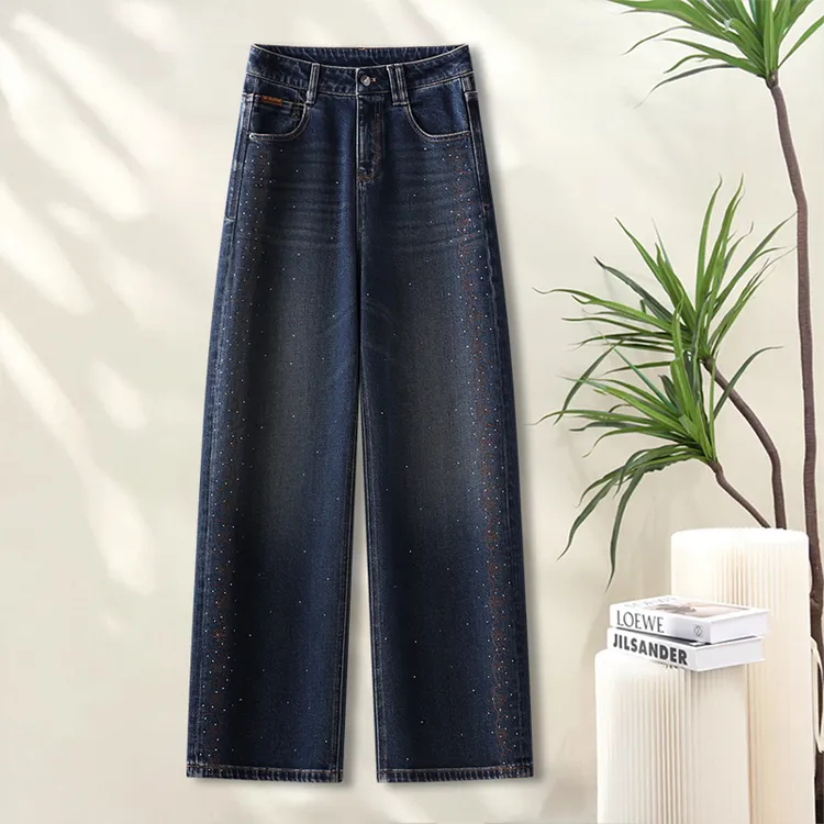 复古蓝阔腿牛仔裤女士2025秋季新款高腰显瘦宽松烫钻刺绣直筒裤子