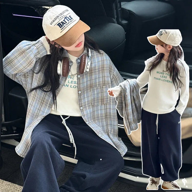 女童长袖格子衬衫2025新款女孩薄外套春秋天早晚外穿衬衣休闲百搭
