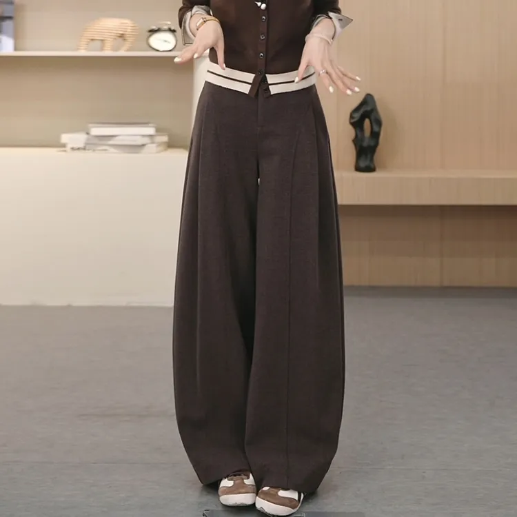 毛呢贝斯裤秋冬厚款~糯感休闲裤垂感宽松直筒裤显瘦阔腿裤女9117