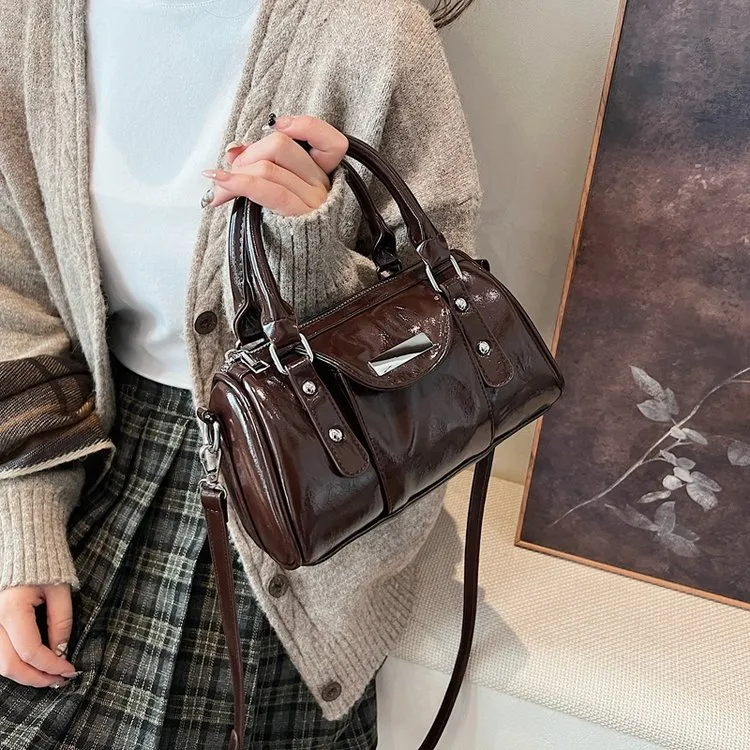 保龄球包女油蜡皮百搭手提通勤包单肩斜挎包