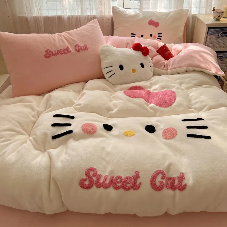 毛巾绣不掉毛新款可爱表情包毛巾绣牛奶绒四件套加绒床上用品