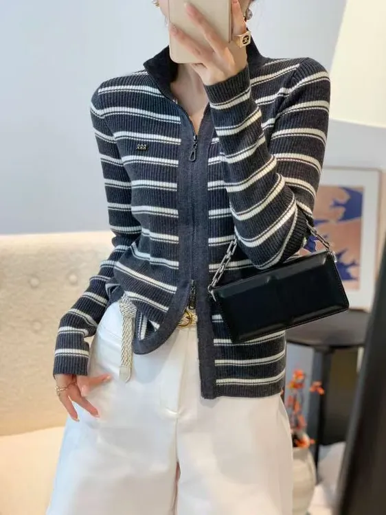 条纹时尚韩式慵懒显瘦针织衫气质毛针织衫女装小香风