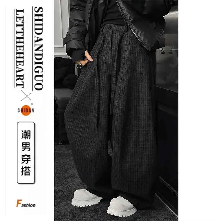 休闲裤男秋冬新品小众高级感男装抽绳格子宽松百搭直筒阔腿长裤