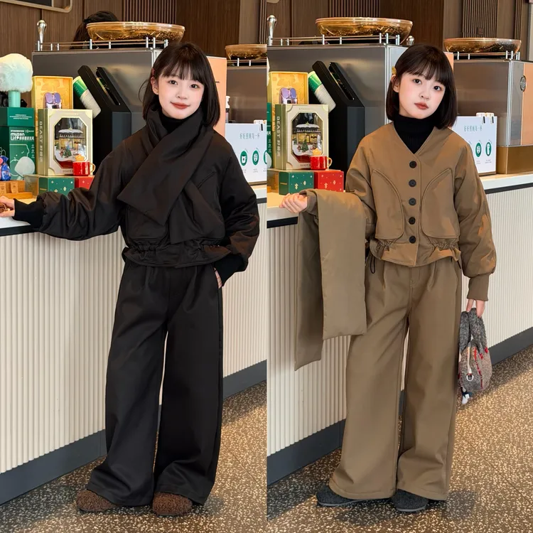 冬日摩卡三件套卡其色围脖款独特棉服2025冬季女童保暖公主风外套