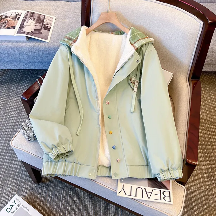 学院风加绒加厚连帽棒球服外套女2025秋冬新款初高中学生保暖棉服