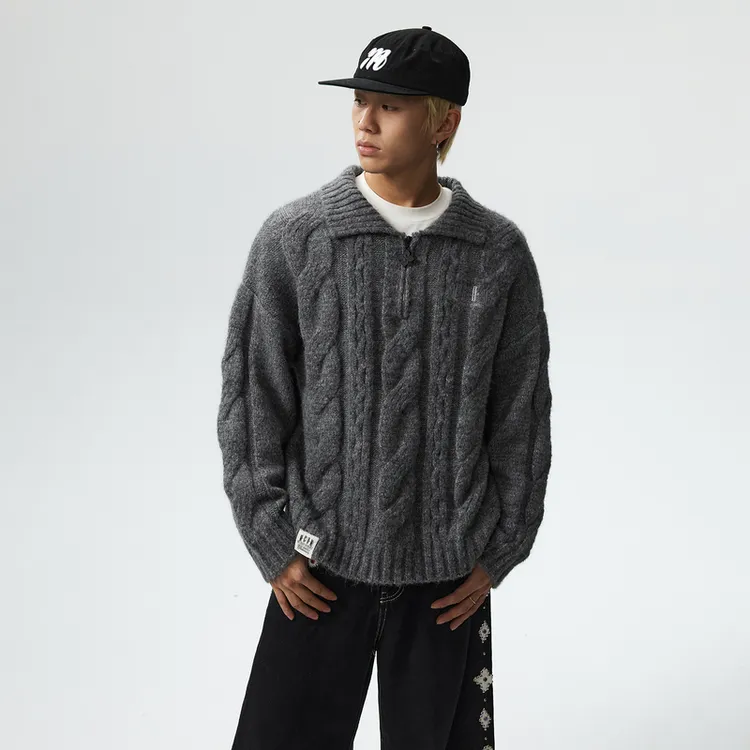 MEDM 麻花翻领休闲毛衣外套男女秋冬新款保暖宽松情侣针织衫上衣