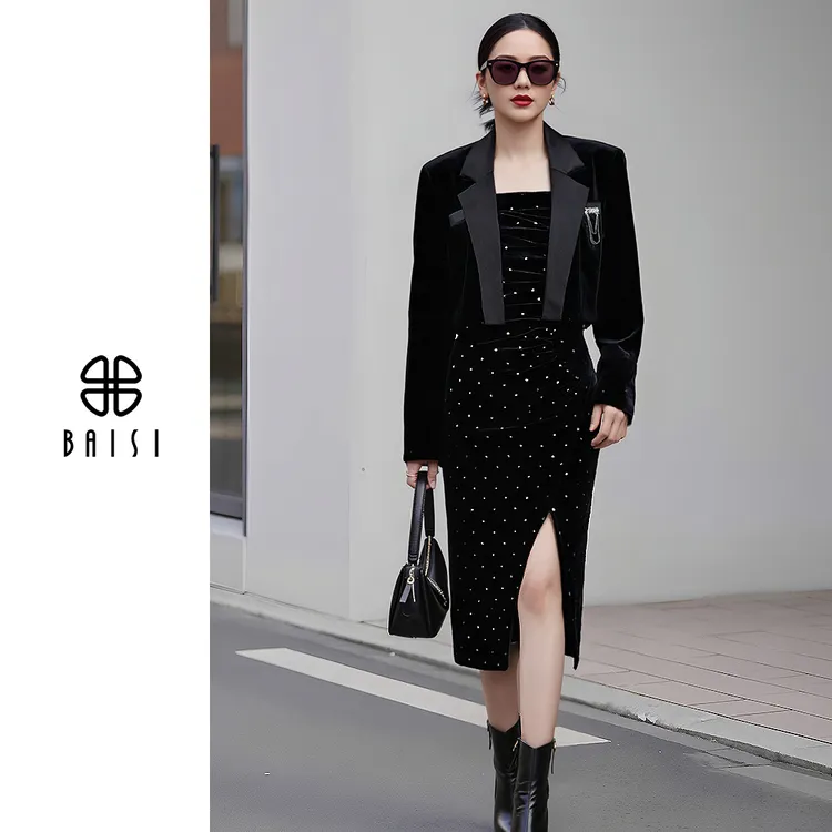 BAISI/百丝赫本鎏金丝绒两件套飒爽西装外套优雅连衣裙套装气质