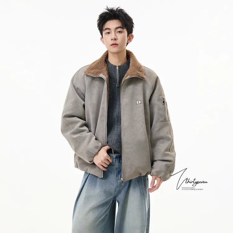 美式高街vintage灰色保暖棉服男女同款冬季潮牌痞帅工装PU皮棉衣