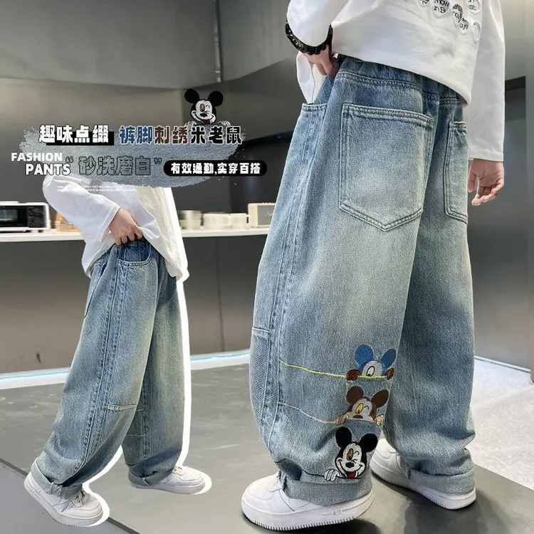 儿童男童牛仔裤2025春季宽松儿童裤子男孩牛仔裤卡通刺绣老爹裤潮