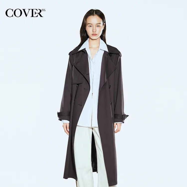 COVERINS2025春季复古翻领双排扣风衣外套