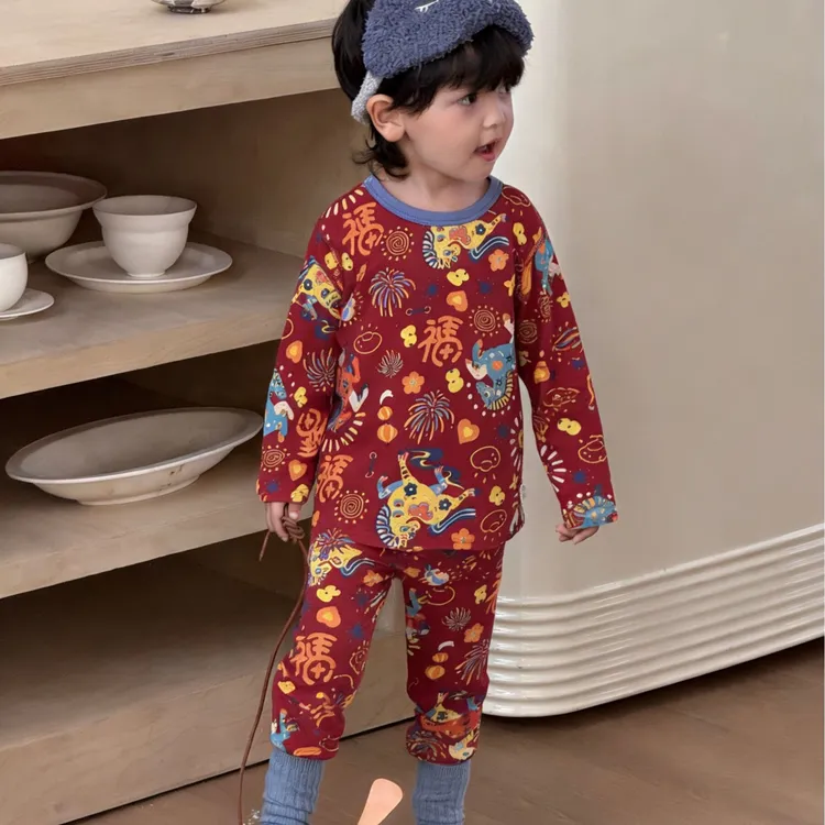 安彩悦新年贺岁纯棉红色莱卡儿童家居服套装男女童秋衣秋裤套装