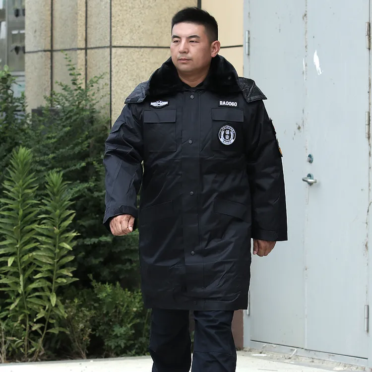 冬季安保棉大衣男黑色物业巡逻防寒服女中长款加厚棉袄冷库保暖