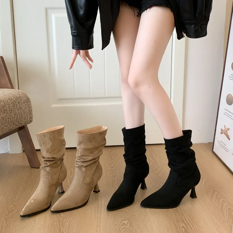 691-14粗腿长筒靴女胖mm大筒围绒面堆堆靴高跟马丁靴细跟短靴大码