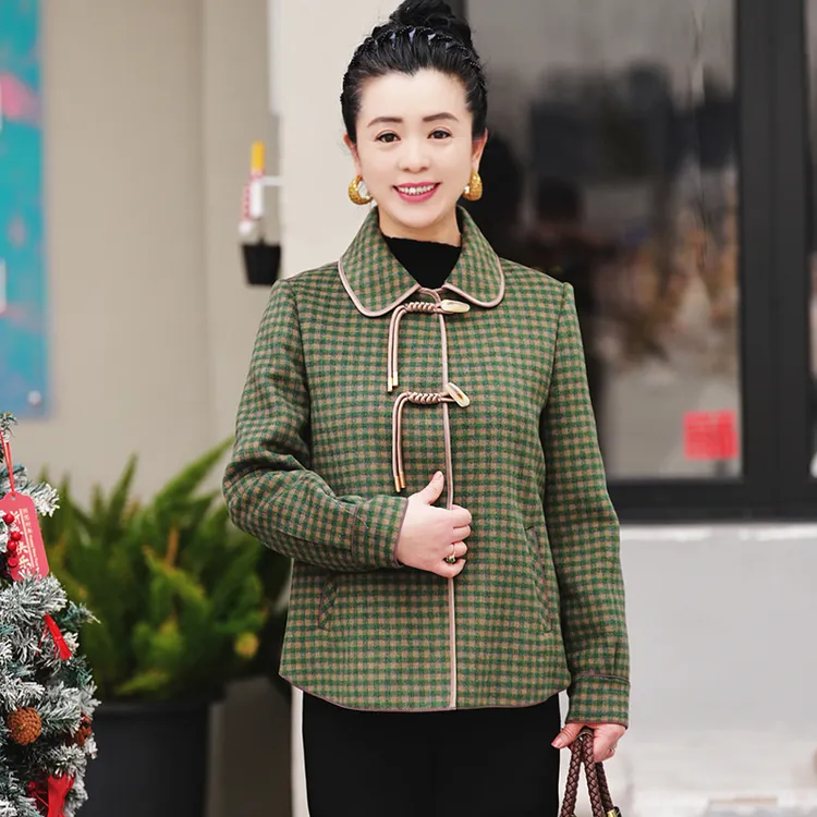 妈妈格子呢子外套时尚夹克春秋季上衣中老年女春装中年双面呢大衣
