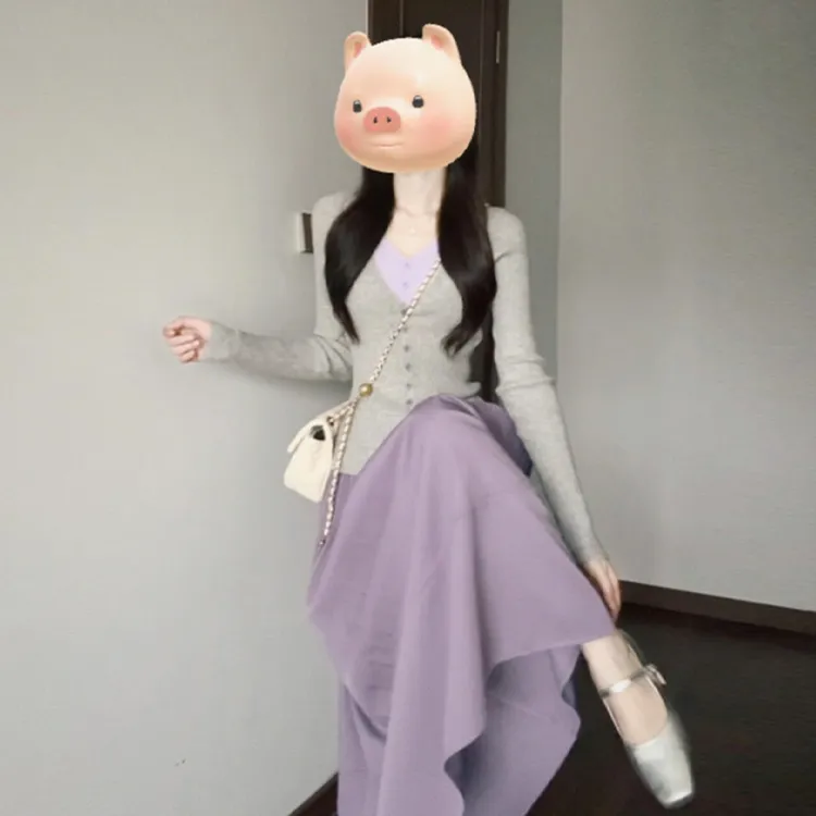 早秋气质穿搭假两件紫色连衣裙子女2025新款早秋季miu系套装长裙