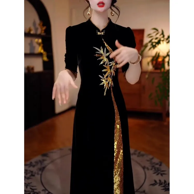 春秋新款高端中式国风复古改良旗袍长裙女收腰显瘦气质优雅连衣裙