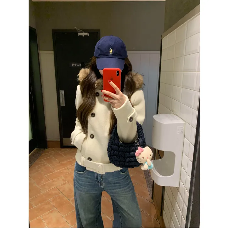 毛领双排扣短款毛呢羊毛大衣连帽外套收腰秋冬女加厚毛领可拆卸