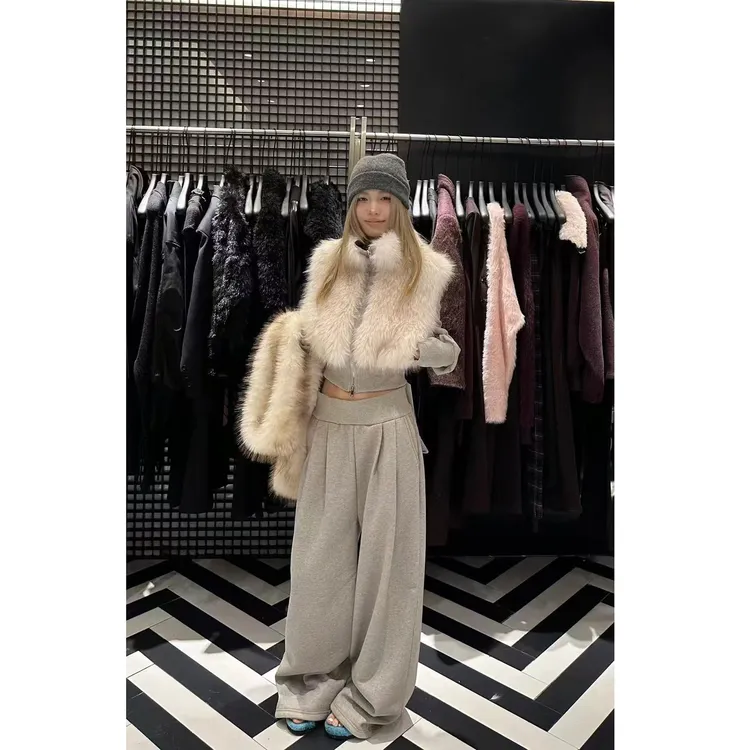 韩系冬季新款加绒加厚短款毛毛外套+阔腿休闲裤显瘦卫衣两件套女