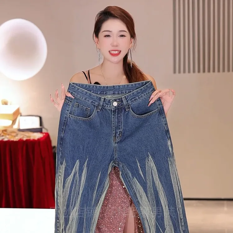 2025秋季新款美式高街男士牛仔裤扎染潮牌复古蓝阔腿直筒裤男款