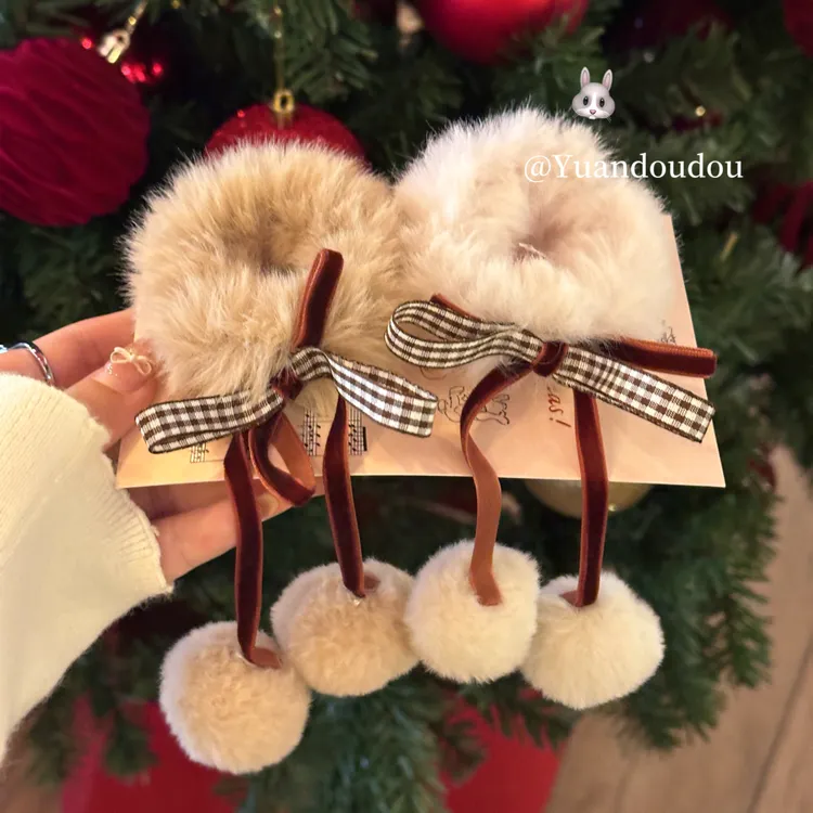 韩系甜美格纹蝴蝶结发圈秋冬毛绒扎头发绳可爱少女橡皮筋头绳发饰