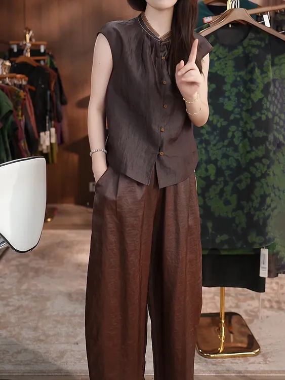 新中式两件套2025夏新复古国风简约宽松无袖上衣阔腿休闲裤套装