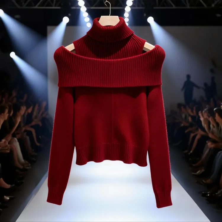 简约知性时髦红色慵懒针织衫2025冬季新款拼接堆堆领保暖百搭上衣