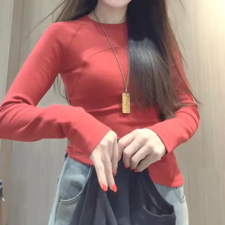 萱贝纯鱼骨修身显瘦长袖T恤2026春季新款纯色百搭圆领上衣打底衫