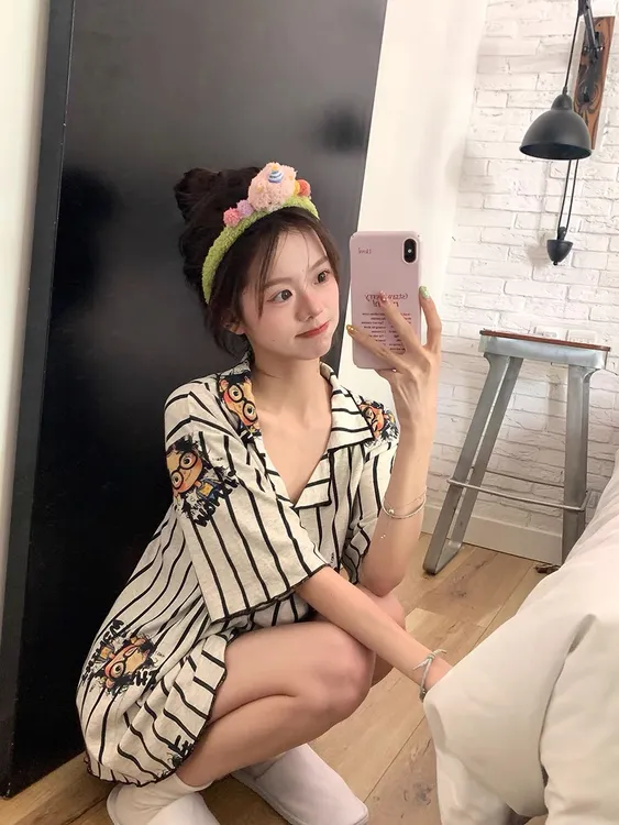 【条纹女孩】睡衣女夏季可爱卡通印花条纹短袖套装舒适亲肤家居服