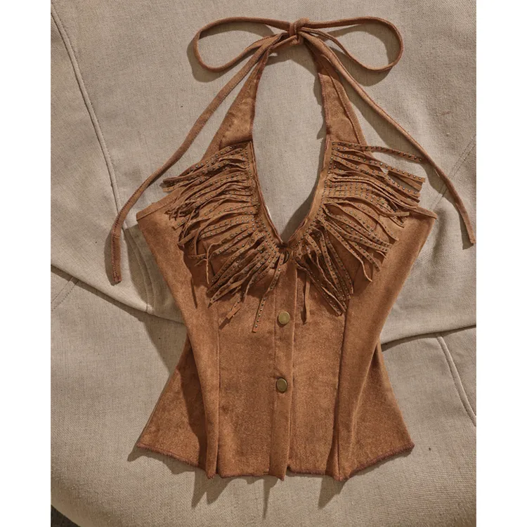 美式简约小众复古流苏拼接V领系带挂脖吊带辣妹西部牛仔风背心女