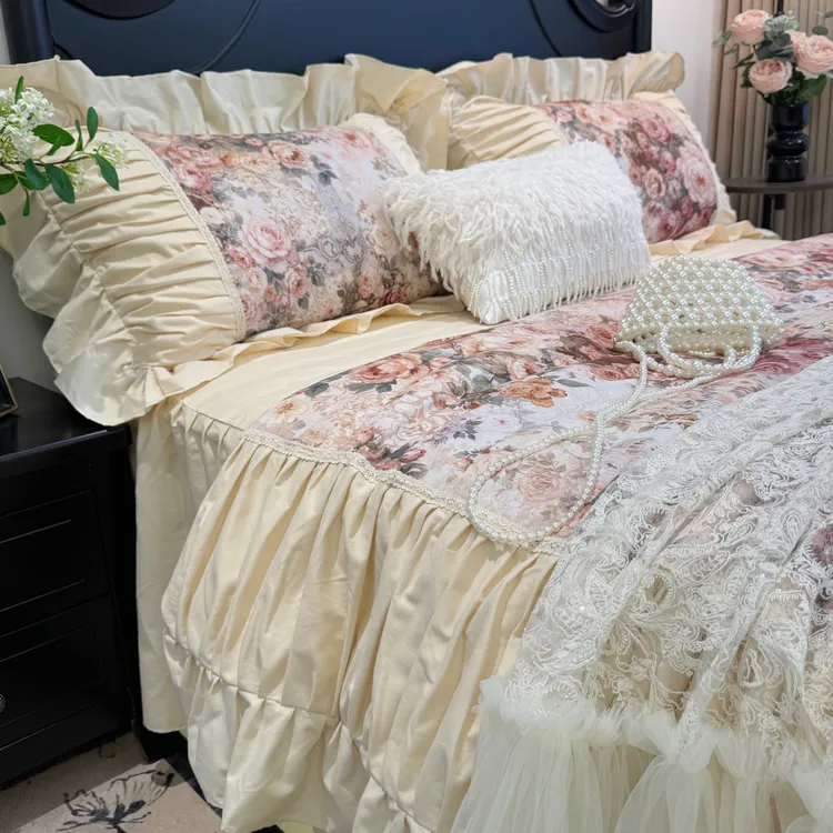 伊伊推荐【满花盛放】法式浪漫全棉磨毛油画风风情褶床裙款四件套