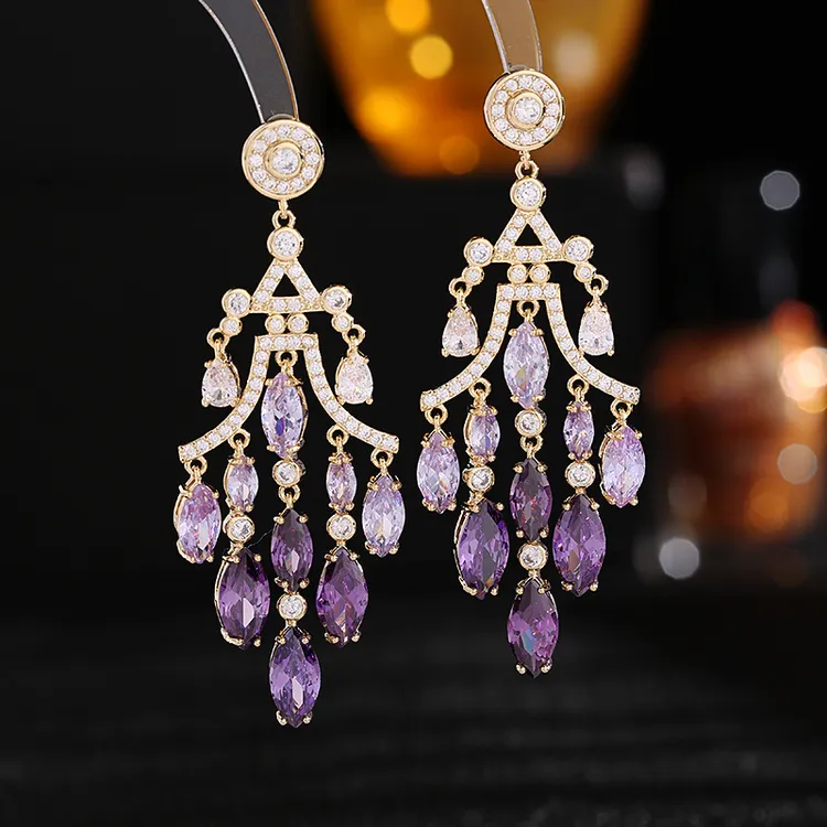 重工耳环锆石镶嵌夸张大气水滴流苏耳坠宴会礼服新娘耳饰