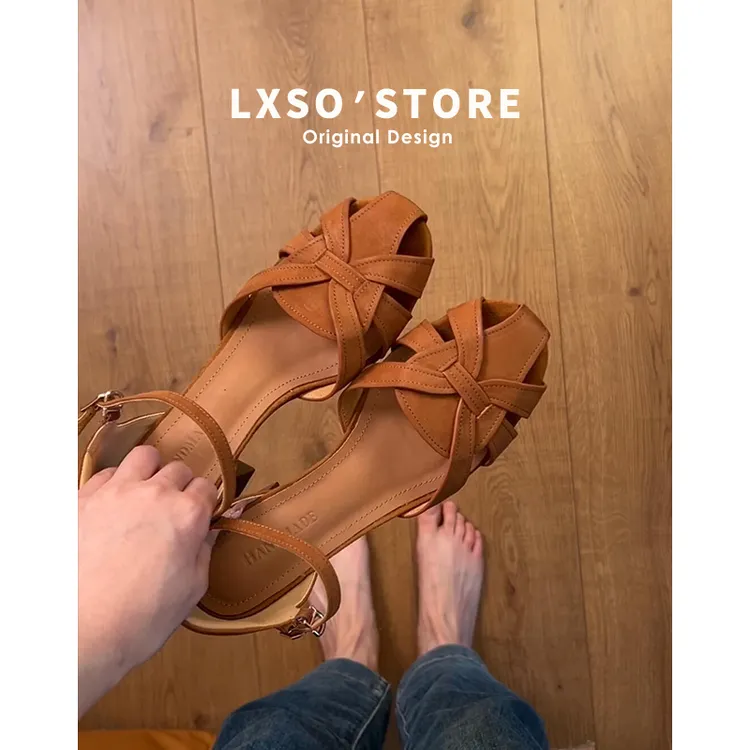 头层羊皮~凉鞋女高跟夏季百搭编织猪笼鞋上班复古包头罗马鞋女士