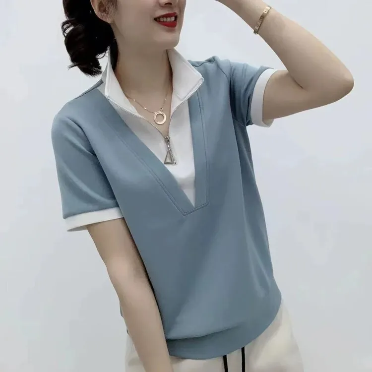 夏季款假两件显瘦拼接拉链领百搭时尚短袖女上衣-YY66