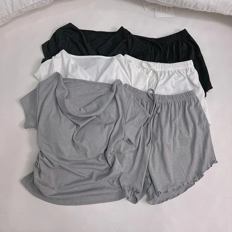 高级感纯色带胸垫睡衣女士春夏季短袖短裤两件套新款纯欲风家居服