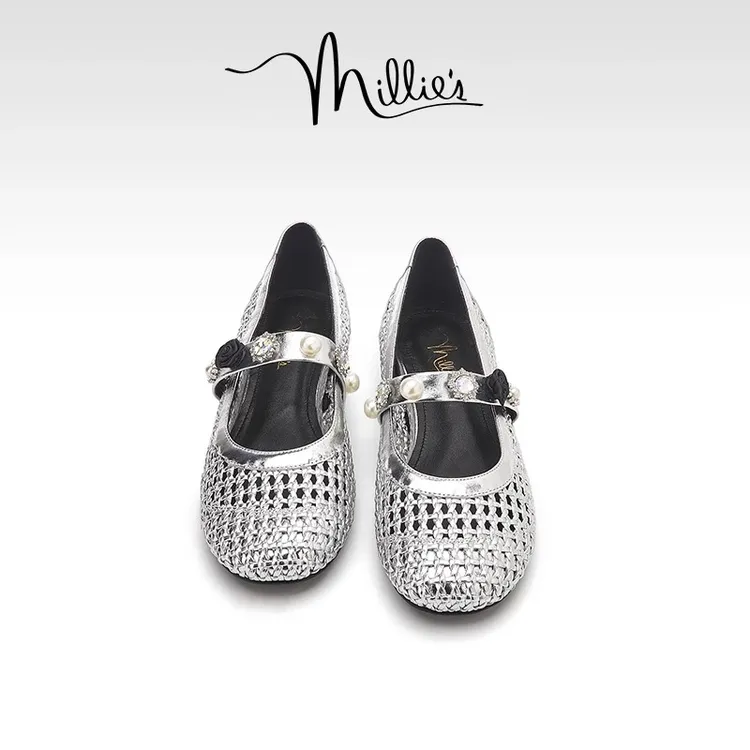 MILLIE'S妙丽内增高镂空玛丽珍鞋女2025夏季新款水钻绝美银色单鞋