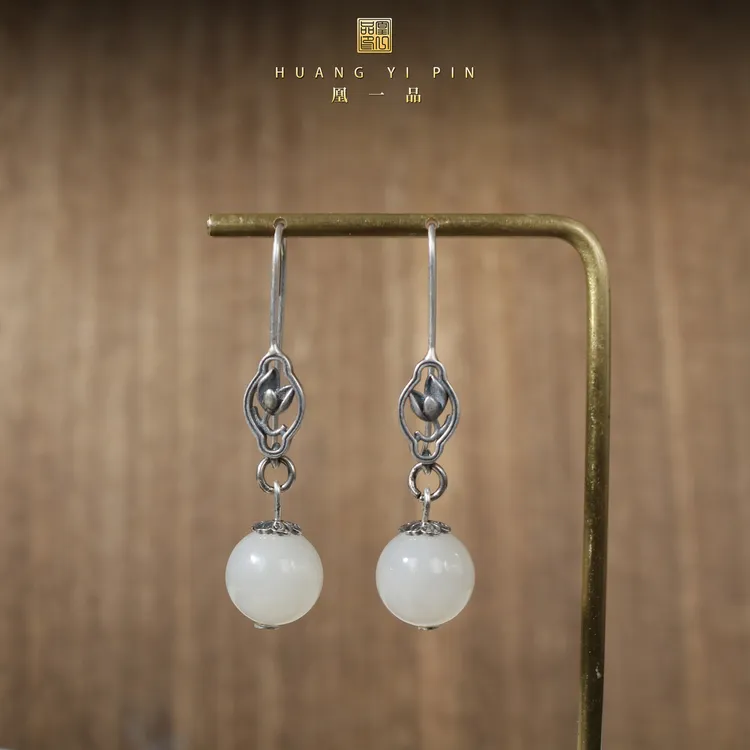 【凰一品】和田玉白玉古法银耳钩S925