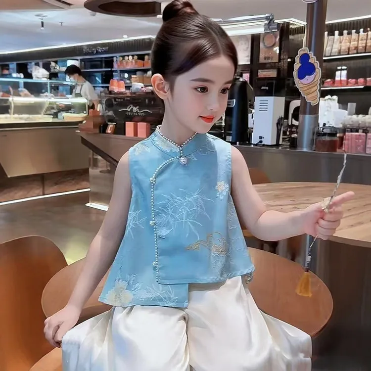 套装中国风夏季提花女童中大童儿童洋气时尚复古女孩马甲无袖2025