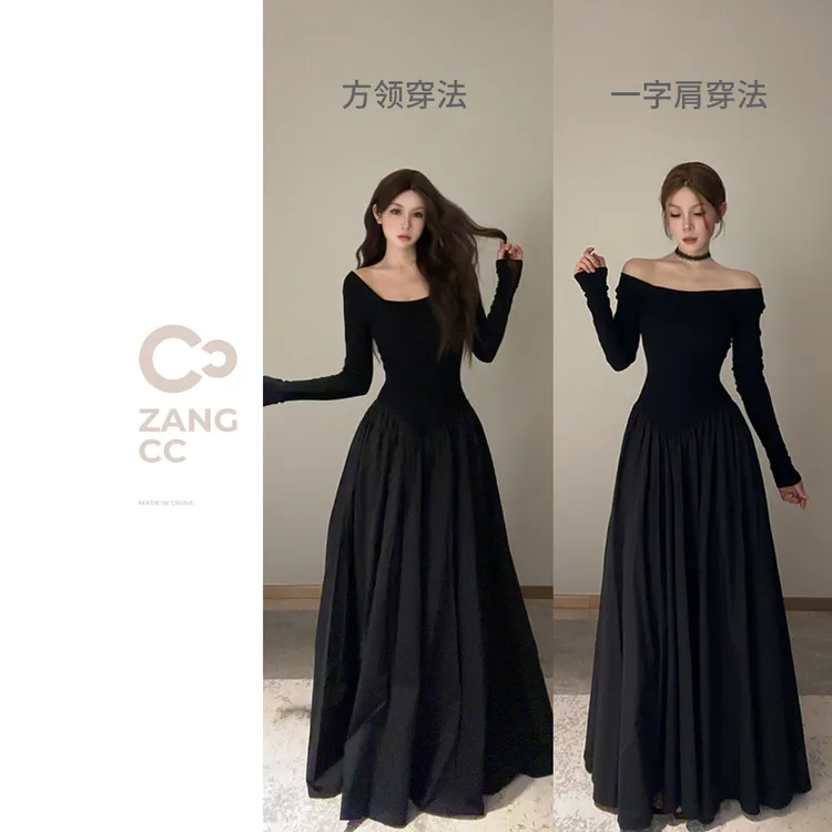 脏兮兮 两穿长袖一字肩修身显瘦收腰长袖连衣裙小黑裙SS-Q-24027