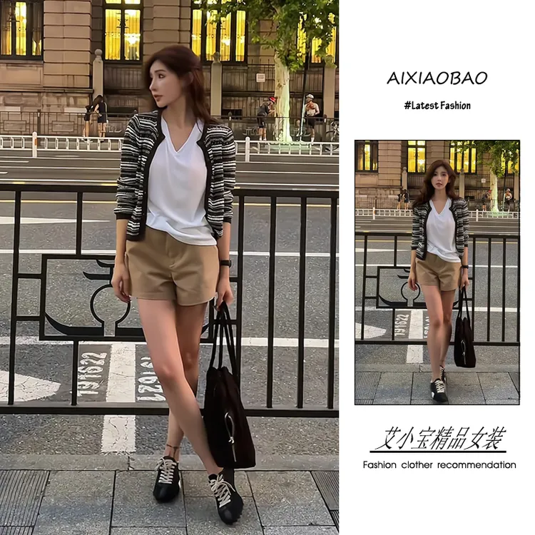 入秋季2025年新款女装韩系穿搭小香风气质百搭开衫T恤短裤三件套